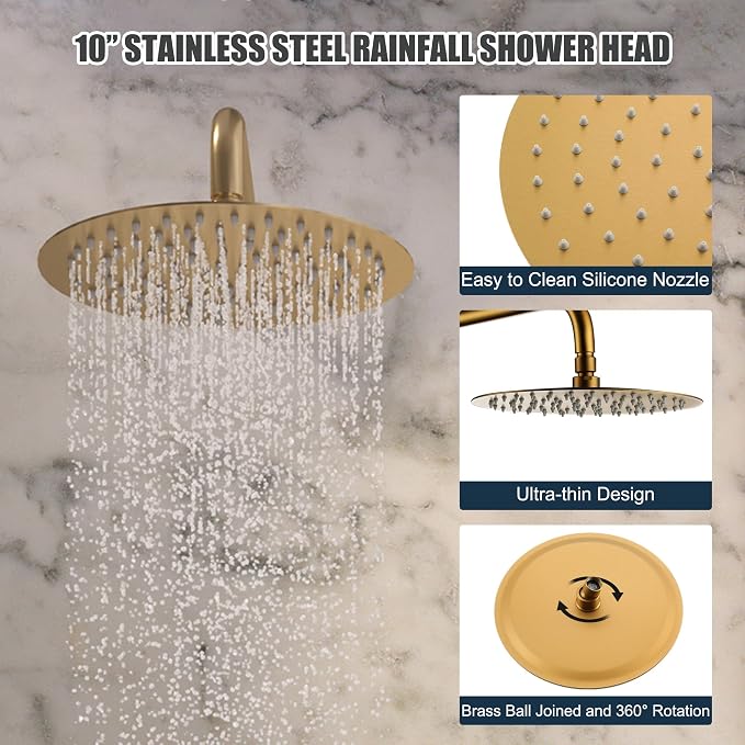 MONDAWE Round Shower Faucet Set with Tub Spout, Wall Mounted Shower System 10 Inch Rainfall Shower Head with Handheld Combo, Brushed Gold High Pressure Shower Faucets Sets Complete - Image 7