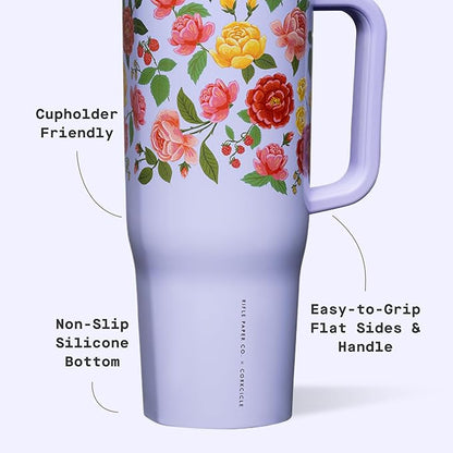 Corkcicle x Rifle Paper Co. Cruiser Insulated Tumbler with Handle & Straw - Keeps Drinks Cold 20 Hours - BPA-Free - Gift for Mom - Great for Mother's Day or Christmas - 40 oz - Roses Purple - Image 4