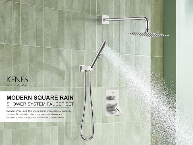 KENES Square Rainfall Shower System Faucet Set, Brushed Nickel Rain Shower Head and Handle Set, 10 Inch Stainless Shower Head with Handheld Spray (Shower Valve Included), LJ-6026A - Image 2