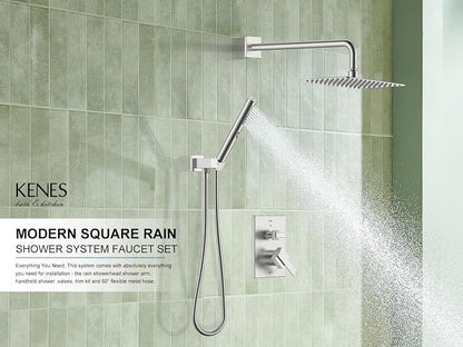 KENES Square Rainfall Shower System Faucet Set, Brushed Nickel Rain Shower Head and Handle Set, 10 Inch Stainless Shower Head with Handheld Spray (Shower Valve Included), LJ-6026A - Image 2