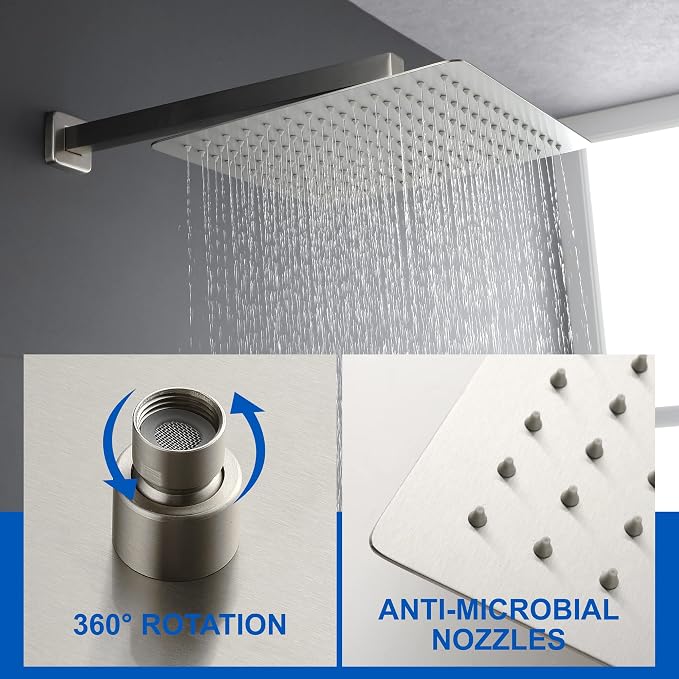 SHAMANDA Shower System with Waterfall Tub Spout and Handheld Shower Head, 12" Rain Shower Faucet Sets Complete with Shower Round-in Valve and Trim Wall Mount, Brushed Nickel, L101-2 - Image 4