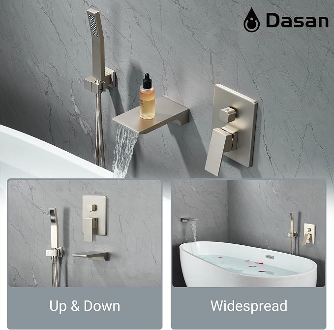 DASAN Waterfall Tub Filler Faucet Wall Mount with Hand Shower, Modern Wall Mounted Bathtub Faucet Brushed Nickel Tub Faucet with High Flow Rough in Valve, SA-TF01WH-BN - Image 3