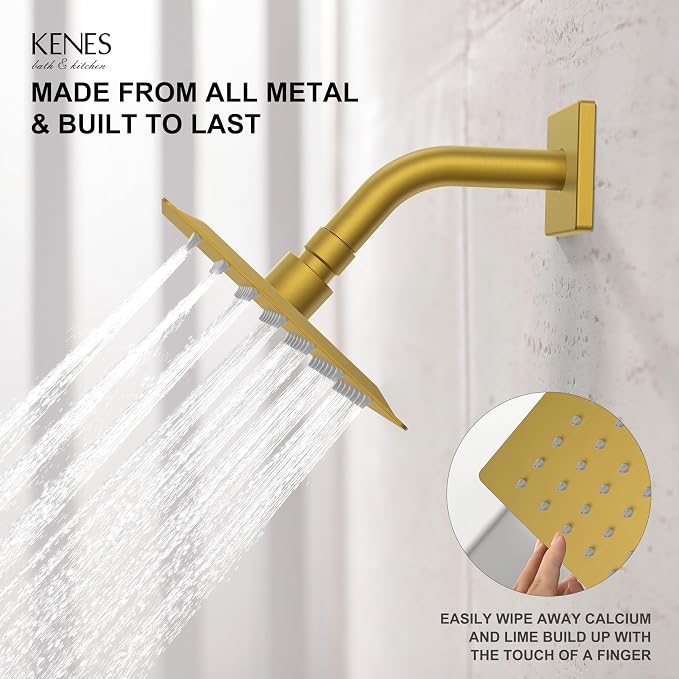 KENES Brushed Gold Shower Faucet, Modern Square 6-Inch Shower Head and Handle Set, Bathroom Rainfall Shower System Wall Mount, KE-6025B-4 (Including Shower Valve) - Image 5