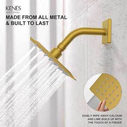 KENES Brushed Gold Shower Faucet, Modern Square 6-Inch Shower Head and Handle Set, Bathroom Rainfall Shower System Wall Mount, KE-6025B-4 (Including Shower Valve) - Image 5