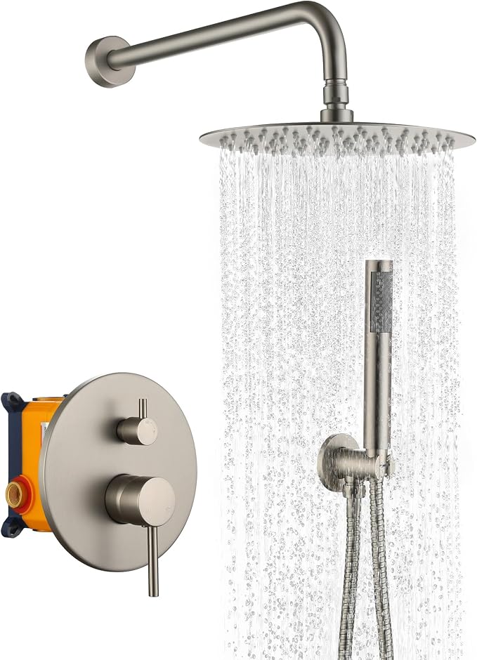 MONDAWE Round Shower Faucet Set, Wall Mounted Shower System 10 Inch Rainfall Shower Head with Handheld Combo, Brushed Nickle High Pressure Shower Set -Valve Included by MONDAWE