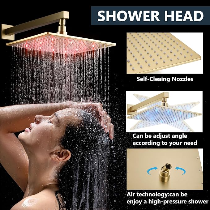 Aolemi Shower Faucet Set with Handheld Spray High Pressure Shower System Shower Faucets Sets Complete Rough-in Valve and Shower Trim Kit Wall Mount Rainfall 10 Inch LED Shower Head Brushed Gold - Image 3