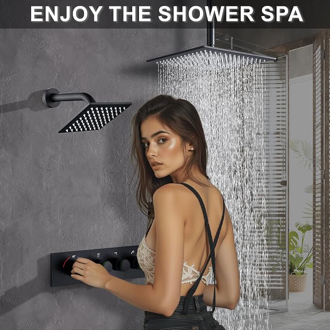 Shower System Brass Thermostatic Shower Faucet Set With Valve and Diverter Shower Mixer With Rain Head and Handheld High Pressure Square Rainfall - Image 2
