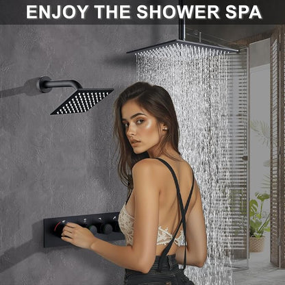 Shower System Brass Thermostatic Shower Faucet Set With Valve and Diverter Shower Mixer With Rain Head and Handheld High Pressure Square Rainfall - Image 2