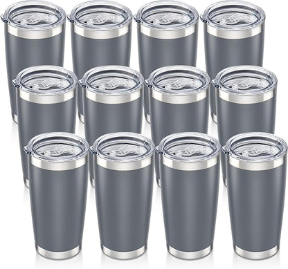 20 oz Tumbler with Lid Stainless Steel Insulated Tumblers Bulk Double Wall Vacuum Cups Powder Coated Travel Mug Keep Drinks Cold and Hot, Grey, 12 Pack by Orebigo