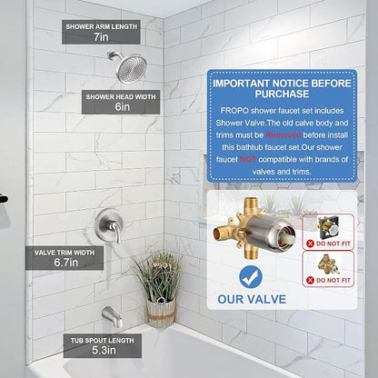 Tub Shower Faucet Set with Valve, Tub and Shower Faucet Set Complete Brushed Nickel, Single-Handle Tub and Shower Trim Kit with High-Pressure 6 Inch Rain Shower Head and Tub Spout - Image 2