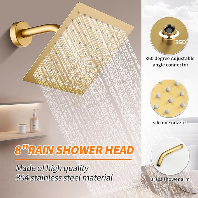 Brushed Gold Tub Shower Faucet Set Complete with 8-Inch Rainfall Shower Head and Tub Spout Included Shower Valve Tub Shower Trim Kit Matte Black - Image 4