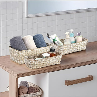 3 Natural Wicker Baskets Set Rectangular Handwoven Seagrass Basket Storage Bins - Image 4