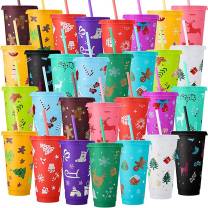 Honeydak 30 Pcs 24 oz Christmas Cups Gifts Bulk Christmas Tumbler with Straw and Lid Elk Xmas Reusable Plastic Coffee Cup Winter Water Bottle Iced Travel Mug for Holiday Party Birthdays by Honeydak