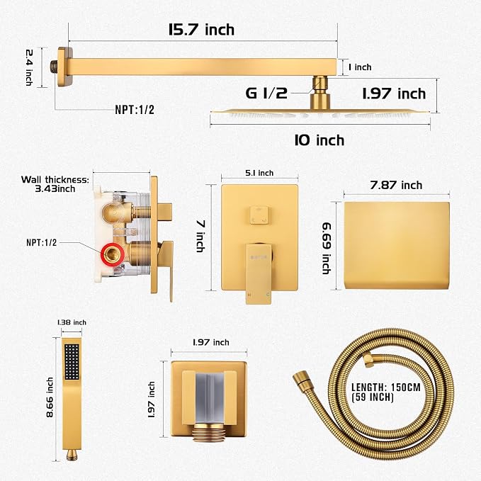 Wall Mounted Shower Faucet Set, Shower System with Tub Spout, 10 Inch Rainfall Shower Head with Handheld Spray, Waterfall Tub Spout Bathtub Faucet, Brushed Gold - Image 6