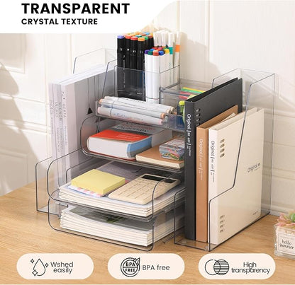 CiWiVOKi Desk Organizer with 2 Vertical File Holder, 4 Tier Stackable Paper - Image 3