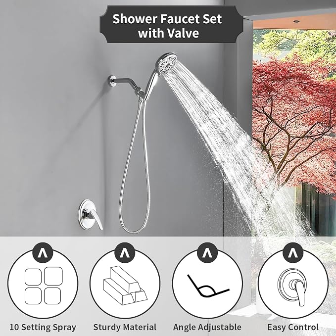 Single-Handle Shower Faucet Set Shower Kit with Valve Shower Trim Kit with 10 Spray Handheld Shower Head System Shower Valve and Trim Kit Chrome Shower Fixtures - 88065CP - Image 7