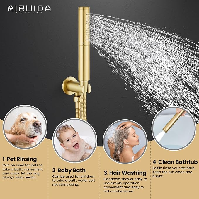 Airuida 3-Function Rain Shower System Set – Wall Mount Tub Shower Combo with Handheld Shower and Tub Spout,12 Inch Shower Head,Brushed Gold - Image 8