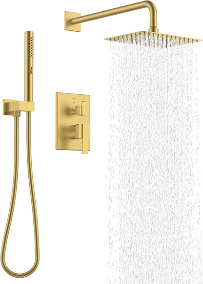 KENES Brushed Gold Rainfall Bathroom Shower System Rain Shower Head and Handle Set, Shower Faucet Set with 10-Inch Rain Showerhead and Handheld Spray, (Shower Valve Included), LJ-6026A-4 by KENESBathroomKitchen
