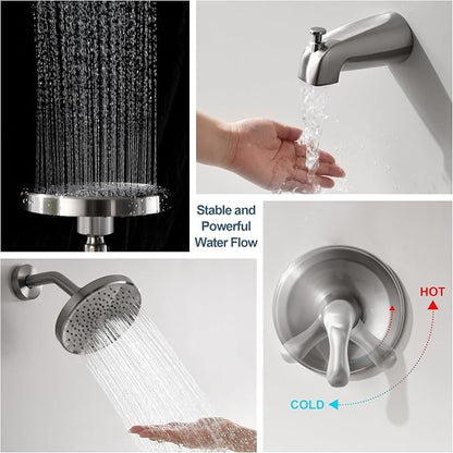 Tub Shower Faucet Set with Valve, Tub and Shower Faucet Set Complete Brushed Nickel, Single-Handle Tub and Shower Trim Kit with High-Pressure 6 Inch Rain Shower Head and Tub Spout - Image 5