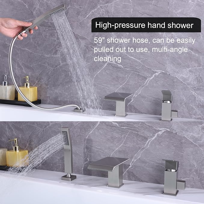 Roman Tub Faucet with Hand Shower, Deck Mount 3 Hole Bath Tub Faucet Set Bathtub Faucet with Handheld Sprayer, Brushed Nickel - Image 4