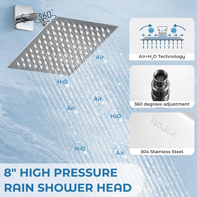 Shower Faucet Set with Tub Spout, 8 Inch Square Wall Mounted Rainfall Shower Head with Rough-in Valve Body, Bathroom Shower Trim Kit Single Function RV Shower System(Chrome) - Image 3