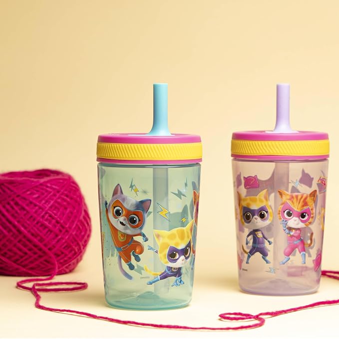 Zak Designs Disney SuperKitties Kelso Toddler Tumblers For Travel or At Home, 15oz 2-Pack Durable Plastic Sippy Cups With Leak-Proof Design is Perfect For Kids (Ginny, Sparks, Buddy, Bitsy) - Image 2