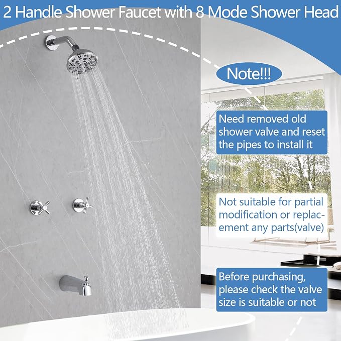 2 Handles Shower Faucet Set with Tub Spout Bathtub Shower Faucet Combo Set Shower System Complete Tub and Shower Trim Kit Wall Mounted Shower Fixtures Chrome - Image 3