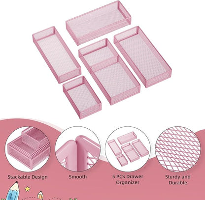 Marbrasse 5 Pack Desk Drawer Organizer Set, Mesh Drawer Storage Trays - Image 5