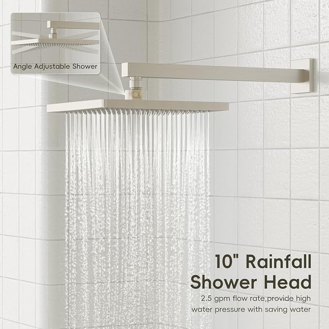 Gabrylly Shower System with Tub Spout, Wall Mounted Tub Shower Faucet Set for Bathroom with High Pressure 10" Rain Shower head and 3-Setting Handheld Shower Head Set,Brushed Nickel - Image 3