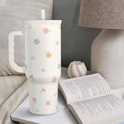 Floral 40oz Slider Tumbler with Handle and Straw - Insulated Stainless Steel Travel Coffee Mug for Women Girls, Gift for Birthday Christmas - Image 7