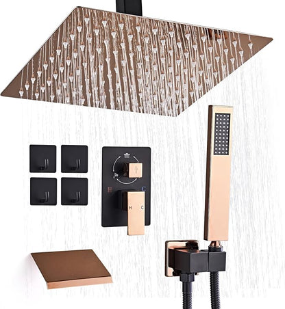 12 Inch Ceiling Mount Shower System Matte Black Gold Rain Mixer Shower Combo Set High Pressure Rainfall Shower Head System Bathroom Luxury Shower Faucet Set Rough-in Valve and Trim Included by RTOBWEYE