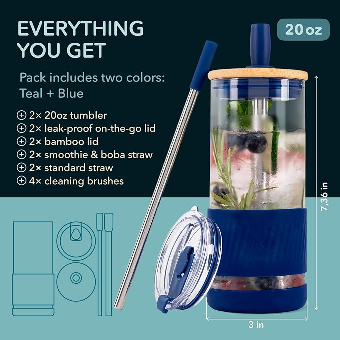 Pandaloo® Glass Cups With Lids and Straws -20 Fl Oz- Perfect Size Iced Coffee Cup - Smoothie Cup With Bamboo Lid and On the go Lid - Glass Tumbler (2 Count (Pack of 1), Intense Teal-Galactic Blue) - Image 2