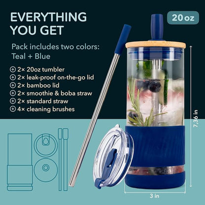 Pandaloo® Glass Cups With Lids and Straws -20 Fl Oz- Perfect Size Iced Coffee Cup - Smoothie Cup With Bamboo Lid and On the go Lid - Glass Tumbler (2 Count (Pack of 1), Intense Teal-Galactic Blue) - Image 2