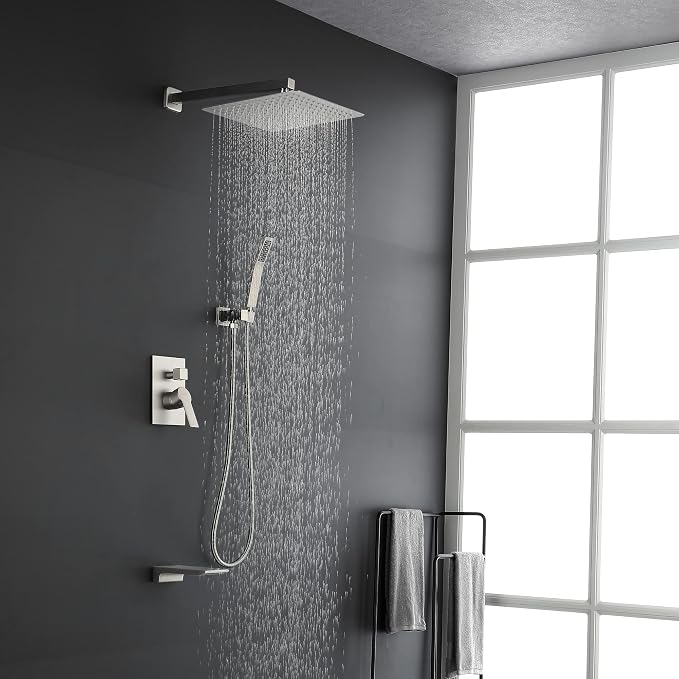 SHAMANDA Shower System with Waterfall Tub Spout and Handheld Shower Head, 12" Rain Shower Faucet Sets Complete with Shower Round-in Valve and Trim Wall Mount, Brushed Nickel, L101-2 - Image 2