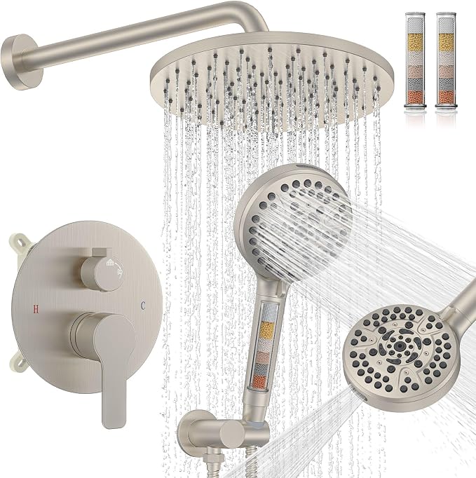 Iriber Brushed Nickel Round Rain Shower System Faucet Set，Bathroom Filtered Shower Head with Handheld, 9 Spray Mode Showerhead with Filters,Shower Valve Trim Kit Contain Cartridge,10 Inch by Iriber