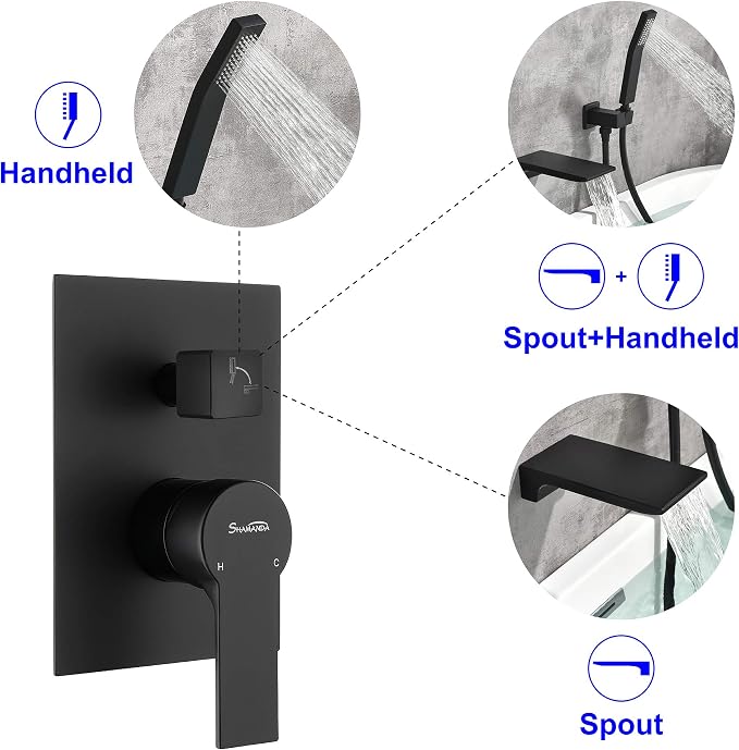 SHAMANDA Waterfall Wall Mounted Bathtub Faucet with Hand Shower, Bathroom Single Handle Tub Faucet Modern Brass Tub Shower Faucet Set(Including Rough-In Valve Body and Trim), Matte Black, L901-7 - Image 2