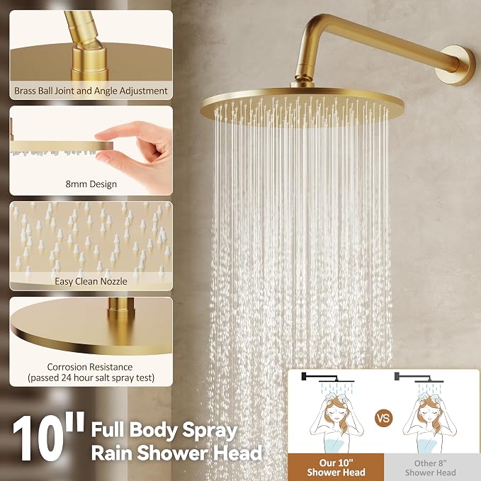 Tub Shower Faucet Set, Tub and Shower Trim Kit with 10 Inch High-Pressure Rian Shower Head,Shower Head and Handle Set, Brushed Gold - Image 3