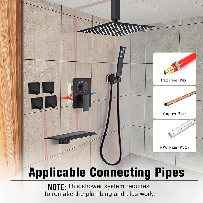 12 Inch Ceiling Mount Shower System Matte Black Rain Mixer Shower Combo Set High Pressure Rainfall Shower Head System Bathroom Luxury Shower Faucet Set Rough-in Valve and Shower Trim Included - Image 3