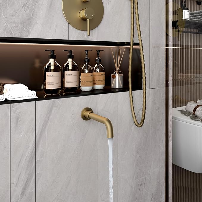 MONDAWE Round Shower Faucet Set with Tub Spout, Wall Mounted Shower System 10 Inch Rainfall Shower Head with Handheld Combo, Brushed Gold High Pressure Shower Faucets Sets Complete - Image 9