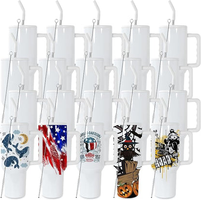 sweet grain 40 oz Sublimation Tumbler with Handle and Straw(20 Pack) Stainless Steel Double Wall Vacuum Insulated Travel Mug Cup Tumblers Bulk Sublimation Blank - White by sweetgrain
