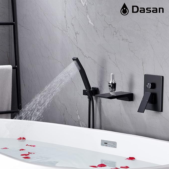 DASAN Waterfall Tub Filler Faucet Wall Mount with Hand Shower, Modern Wall Mounted Bathtub Faucet Matte Black Tub Faucet with High Flow Rough in Valve, SA-TF01WH-MB - Image 6