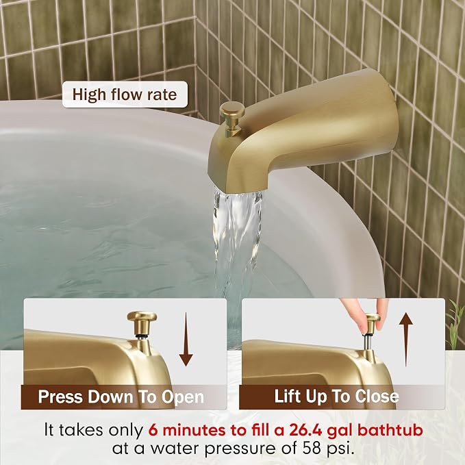 Tub Shower Faucet, Brushed Gold Shower Faucet Set with 6-Inch All-Metal Rainfall Showerhead and Bathtub Spout, Single-Handle Tub Shower-Trim Kit Included Valve, Brushed Gold - Image 5