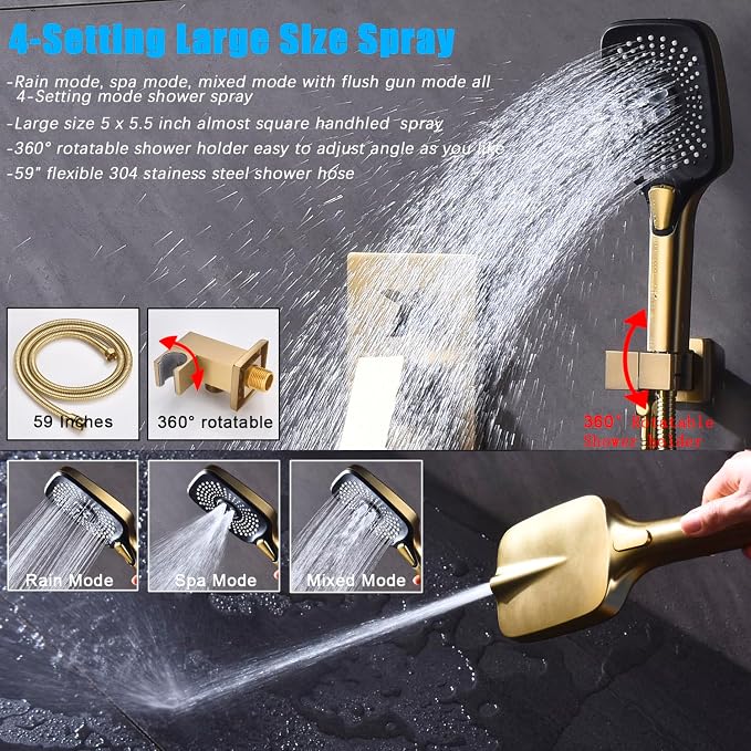 Shower System with Tub Spout 10 Inch Overhead Shower 4 Setting Handheld Spray Rough In Pressure Balance Valve Body with Trim Kit Wall Mounted Rainfall Bathtub Shower Faucet Set (Brushed Gold) - Image 4
