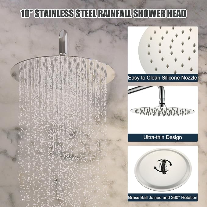 MONDAWE Round Shower Faucets Sets Complete with Tub Spout, Wall Mounted Shower System 10 Inch Rainfall Shower Head with Handheld Combo, Chrome High Pressure Shower Faucet Set - Image 7