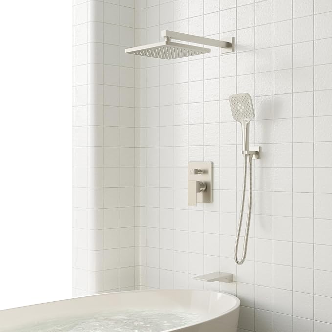 Gabrylly Shower System with Tub Spout, Wall Mounted Tub Shower Faucet Set for Bathroom with High Pressure 10" Rain Shower head and 3-Setting Handheld Shower Head Set,Brushed Nickel - Image 2