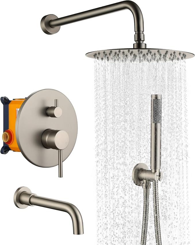 MONDAWE Round Shower Faucet Set with Tub Spout, Wall Mounted Shower System 10 Inch Rainfall Shower Head with Handheld Combo, Brushed Nickle High Pressure Shower Faucets Sets Complete by MONDAWE
