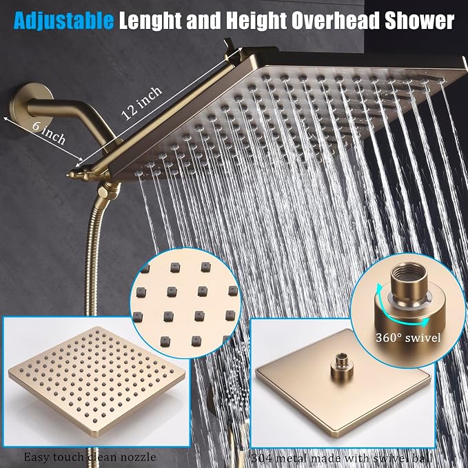 Shower Faucet Set with Tub Spout Brushed Gold 10 Inch Rainfall Shower 4 Setting Spray Mixer Shower System Modern Luxury Wall Mounted Tub Shower Faucet Set Rough-in Valve Body (Brushed Gold) - Image 4