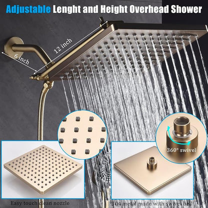 Shower Faucet Set with Tub Spout Brushed Gold 10 Inch Rainfall Shower 4 Setting Spray Mixer Shower System Modern Luxury Wall Mounted Tub Shower Faucet Set Rough-in Valve Body (Brushed Gold) - Image 4