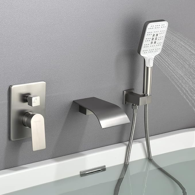 Tub Filler Faucet with Hand Shower Bath Tub Faucets with Rough-in Valve Trim Kit Wall Mounted Waterfall Bathtub Faucets Brushed Nickel - Image 9