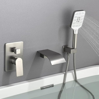 Tub Filler Faucet with Hand Shower Bath Tub Faucets with Rough-in Valve Trim Kit Wall Mounted Waterfall Bathtub Faucets Brushed Nickel - Image 9